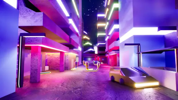 Screenshot de F.A.S.A. montrant une rue avec des neons colorés et des aliens serpents